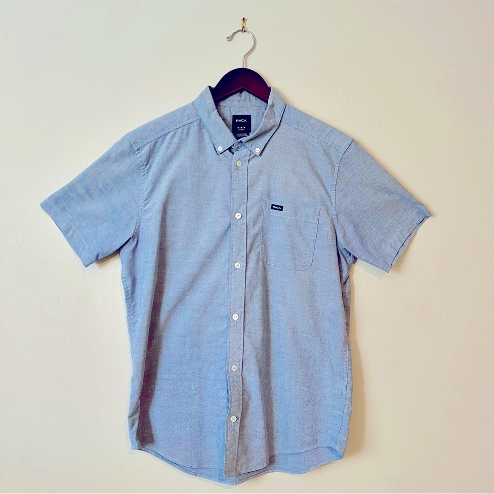 RVCA Blue Slim Fit Short Sleeve Button Down Shirt, Size M